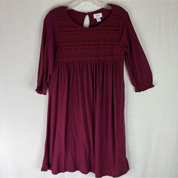 Old Navy Dress Girls Burgundy Wine Crinkle Jersey Lace Trim Swing Dress XL 14 - Picture 2 of 8